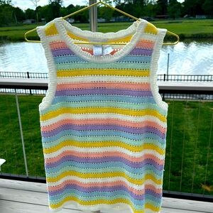 Design History Pastel Crochet Rainbow Striped Top NWT